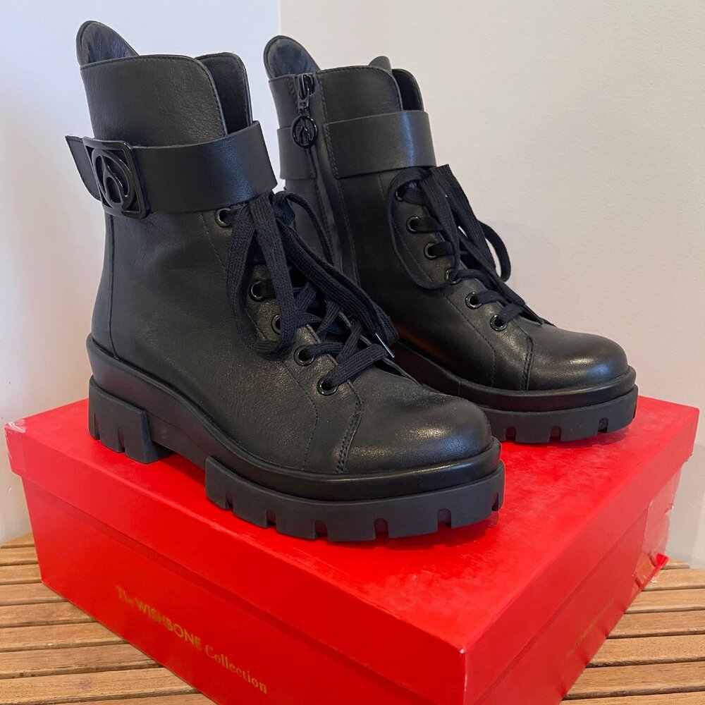 Wishbone Floria Leather Black Combat Boots - Brand new with box - Size 7